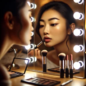 Người trang điểm với bàn trang điểm có đèn led