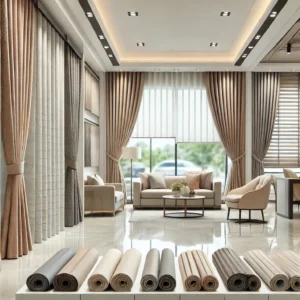 Ảnh chụp cận cảnh nhiều loại rèm vải, rèm cuốn, rèm sáo đặt cạnh nhau, nền showroom nội thất hiện đại