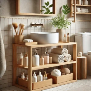 Kệ đựng đồ phòng tắm làm bằng gỗ đặt cạnh lavabo